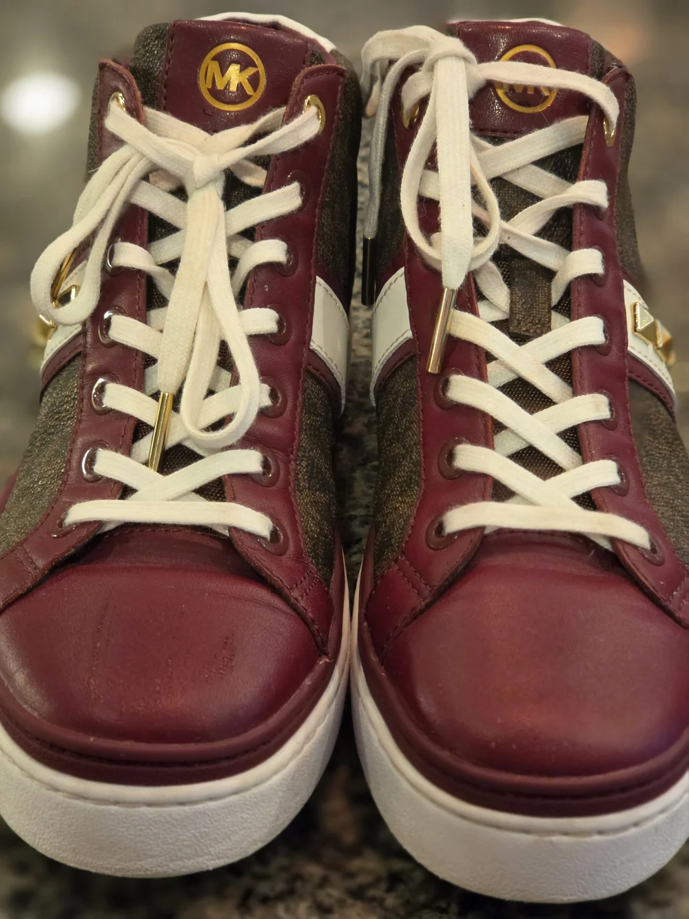 Women's High-Top Sneakers in Burgundy and Brown with Gold Stud Detail
